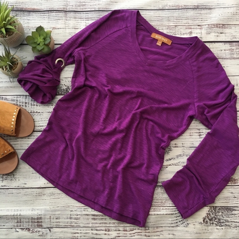 Ellen Tracy Roll Sleeve V Neck Long Sleeve
